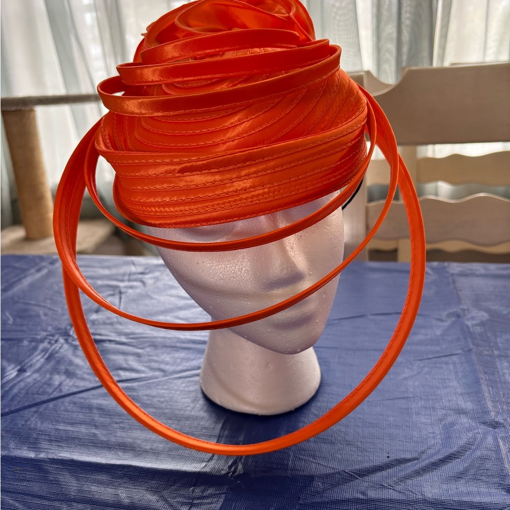 Vibrant Orange Sheer Turban Hat with Circular Loops
